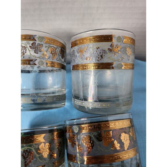 Set of 6 Hollywood Regency CERA Flat Bar Glasses Golden Grape Roman Arch MCM - Picture 4 of 4